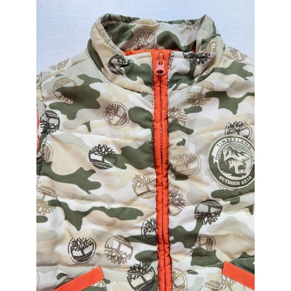 Timberland Boys Camo Outdoor Gear Puffer Vest Size 5 Orange & Green - Picture 8 of 11
